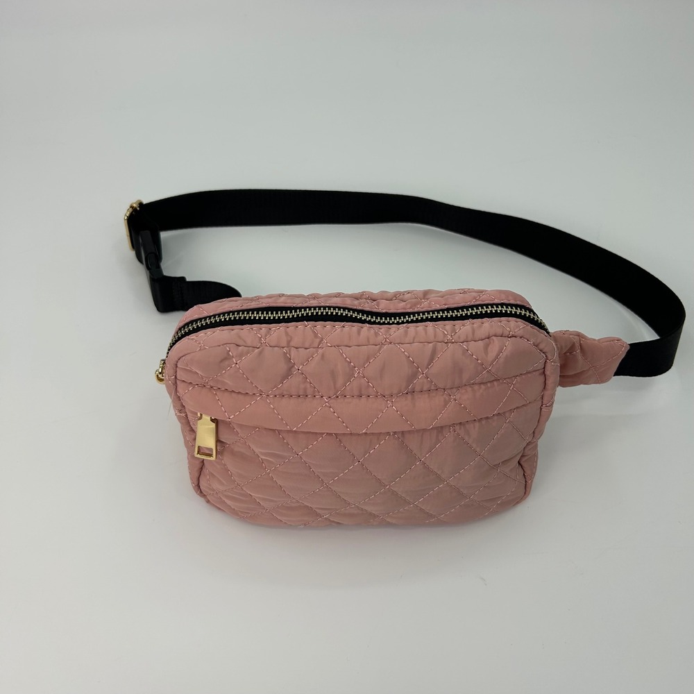Urban Expressions Pink Quilted Nylon Belt Bag Fanny Pack Gold Tone Hardware